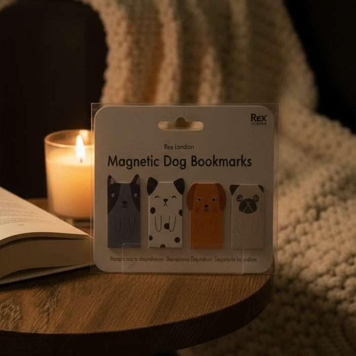 A set of four dog-shaped magnetic bookmarks in their original clear plastic packaging, displayed on a wooden surface. The bookmarks are shaped like a gray cat, a white dog with black spots, an orange dog, and a white pug, with the brand name 'Rex London' visible on the packaging.