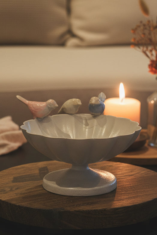 A white ceramic pedestal bowl with a scalloped rim, decorated with three small pastel birds perched on the edge, displayed on a round wooden surface.