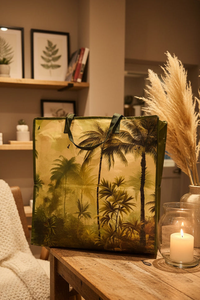 A large tote bag with a tropical palm tree print in yellow, green, and black, displayed on a wooden stand inside a retail store.