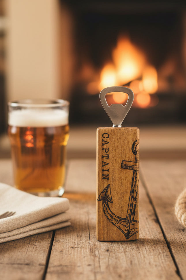 A wooden bottle opener engraved with the word 'CAPTAIN' and an anchor design, resting on a round wooden board.