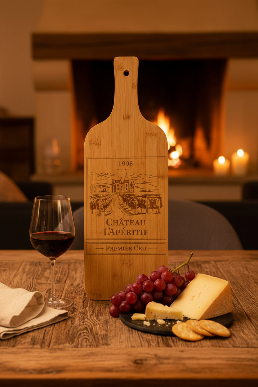A wooden cutting board with a wine label design reading '1998 Chateau Laperitif Premier Cru' and a hang hole, still in plastic wrapping, set on a dark table in a home environment.