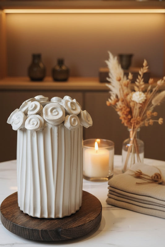 A white ceramic column-style candle holder with decorative rosettes around the rim, displayed on a round wooden base on a dark tabletop in an indoor room setting.