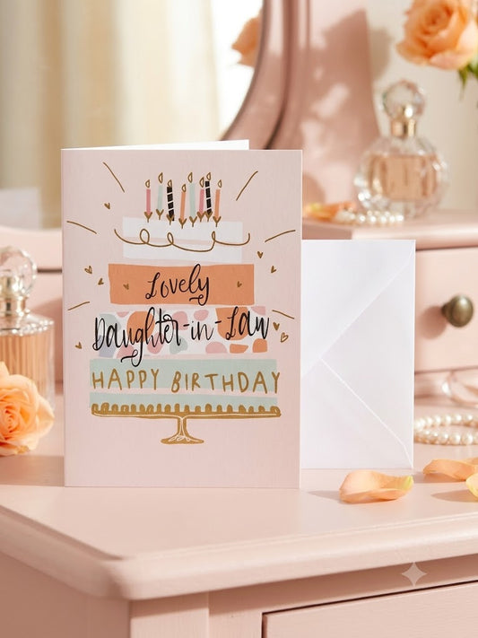 Lovely Daughter-in-Law Happy Birthday card — blush pink illustrated cake design, elegant dressing table lifestyle photo with perfume and roses