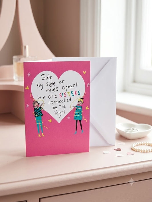 Sisters Connected by the Heart birthday card — bold pink with two illustrated girls and golden ribbon, blush dressing table lifestyle photo with pearls