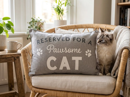 Grey Reserved for a Pawsome Cat cushion on a wicker chair beside a cat
