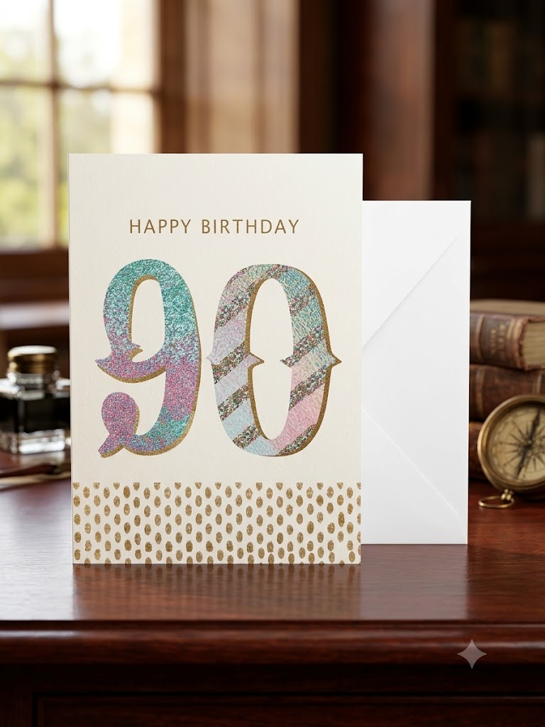 90th birthday card with pastel glitter numerals in teal lilac and pink with gold dot border and white envelope