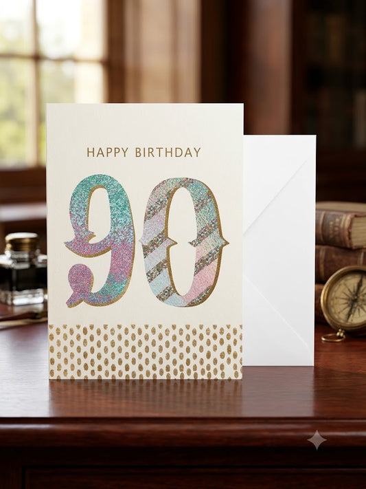 90th birthday card with pastel glitter numerals in teal lilac and pink with gold dot border and white envelope