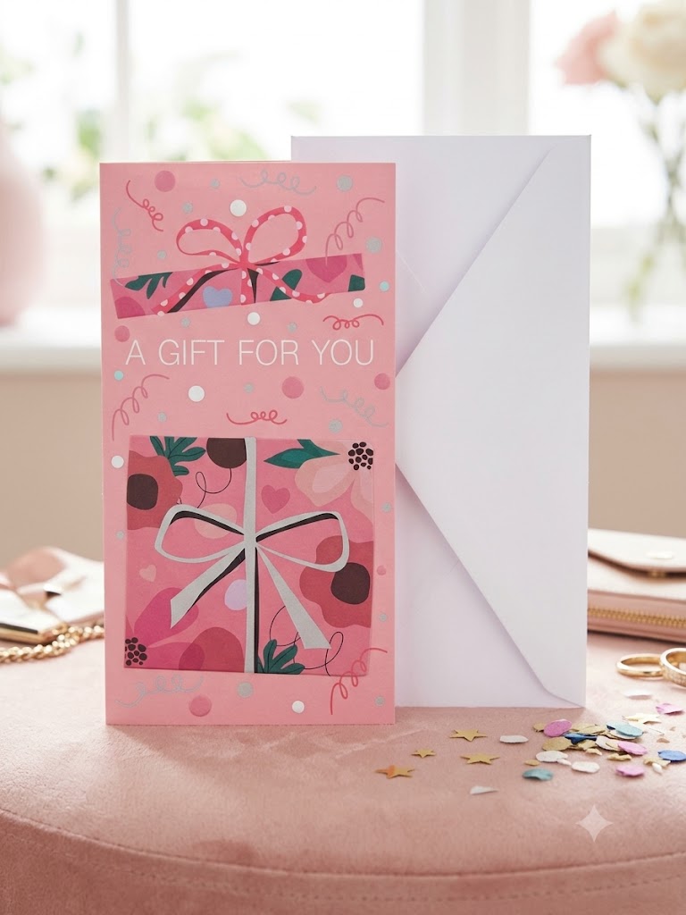 A Gift For You Money Wallet Card in pink with illustrated presents