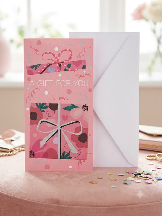A Gift For You Money Wallet Card in pink with illustrated presents