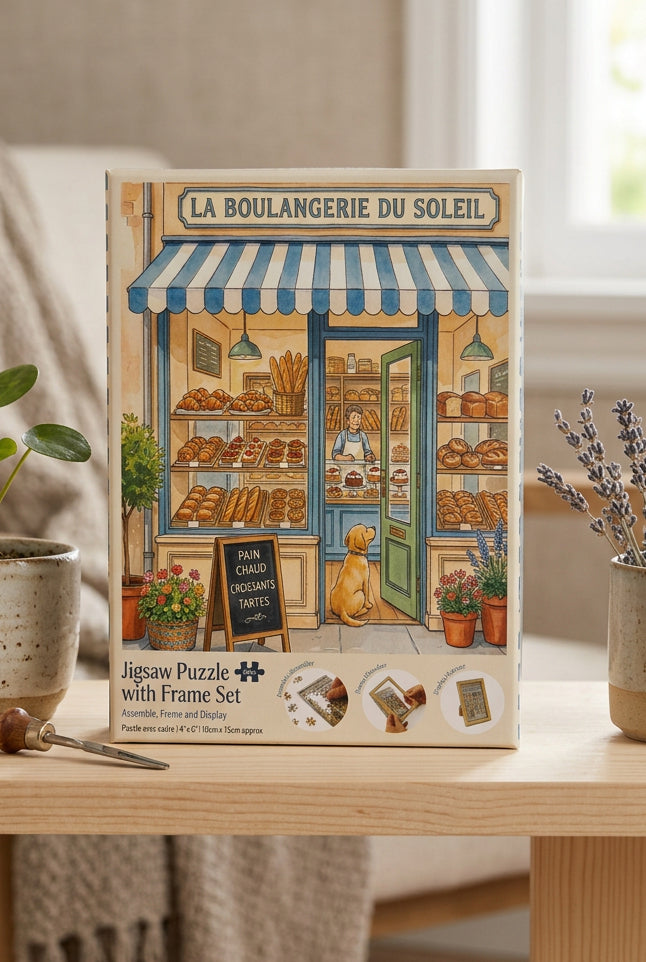 La Boulangerie du Soleil jigsaw puzzle and frame set packaging, featuring an illustrated French bakery and a dog at the doorway