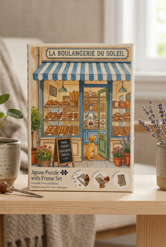 La Boulangerie du Soleil jigsaw puzzle and frame set packaging, featuring an illustrated French bakery and a dog at the doorway