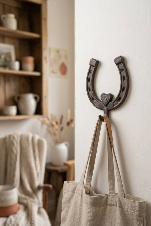 Dark horseshoe-shaped coat hook with a heart detail and single curved hook, held in a hand