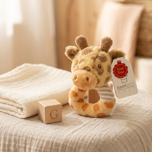 Keeleco Baby giraffe ring rattle in golden yellow and brown with a striped detail