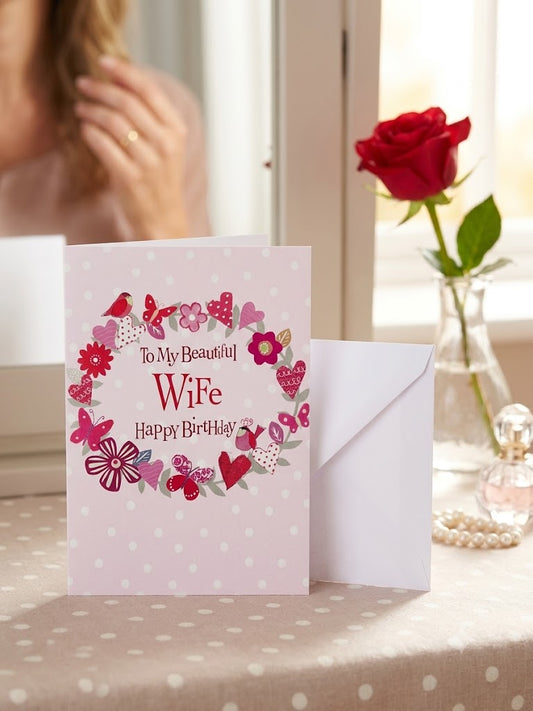 To My Beautiful Wife Happy Birthday Card with floral wreath design