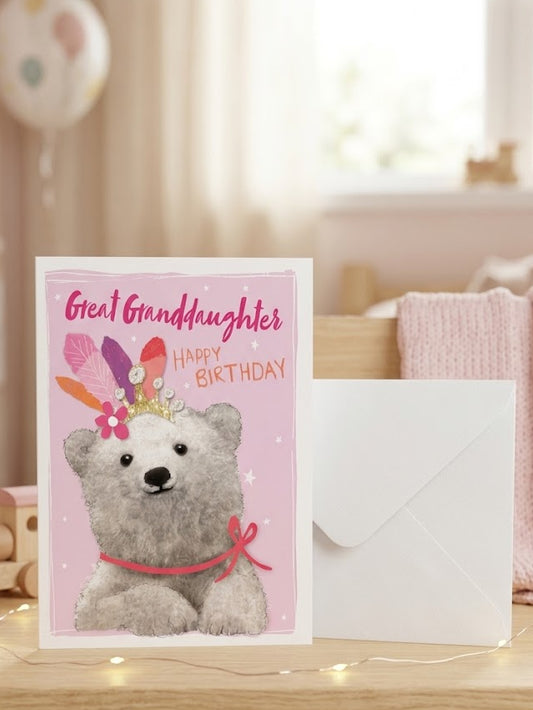 Great Granddaughter Happy Birthday card — pink polar bear with feather crown, warm nursery lifestyle photo with fairy lights