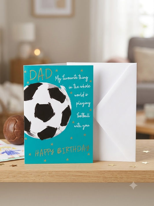 Dad football birthday card — teal with painted football and gold stars, warm lifestyle photo with vintage leather ball and children's drawings