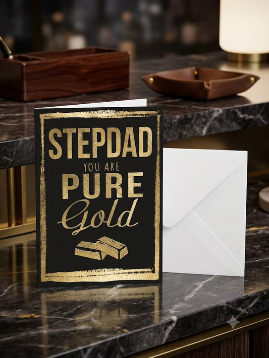 Stepdad You Are Pure Gold birthday card — bold black and gold foil design, dark marble lifestyle photo with leather tray and lamp