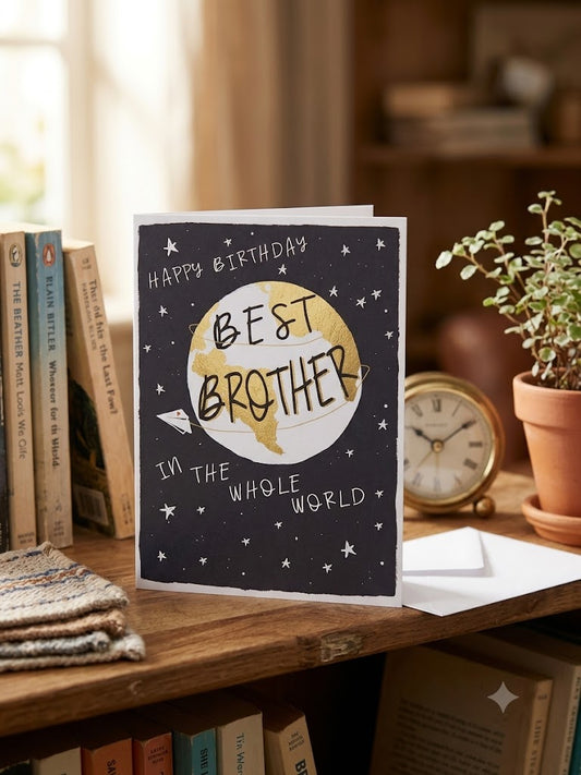 Happy Birthday Best Brother in the Whole World card — dark navy globe design with stars, warm lifestyle photo