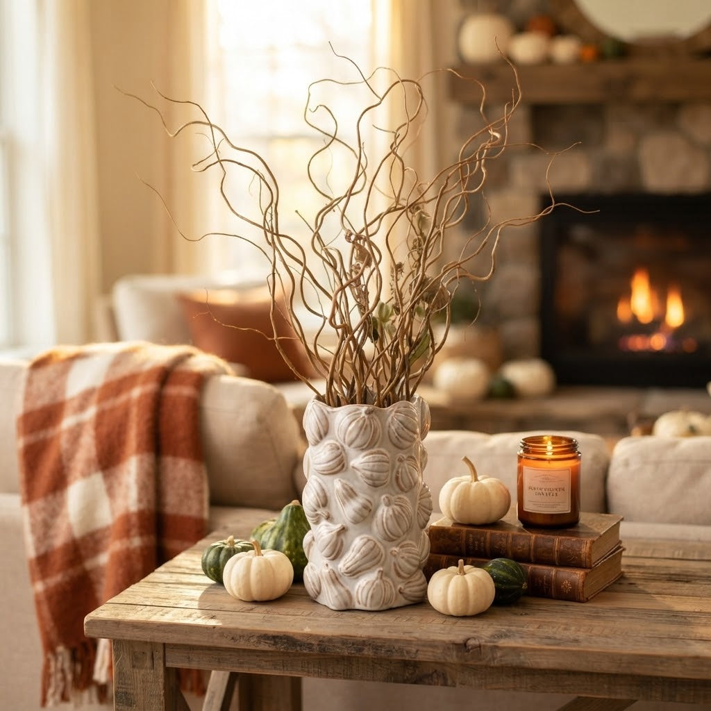 A textured white ceramic vase filled with dried brown branches sits on a rustic wooden table in a cozy living room setting with a fireplace, pumpkins, and a candle.