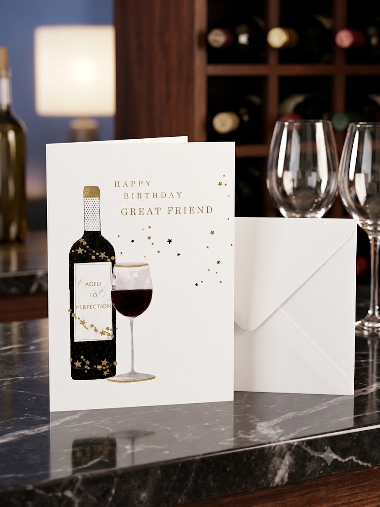 Happy Birthday Great Friend wine card lifestyle — card upright on dark marble with wine glasses and bottle rack background