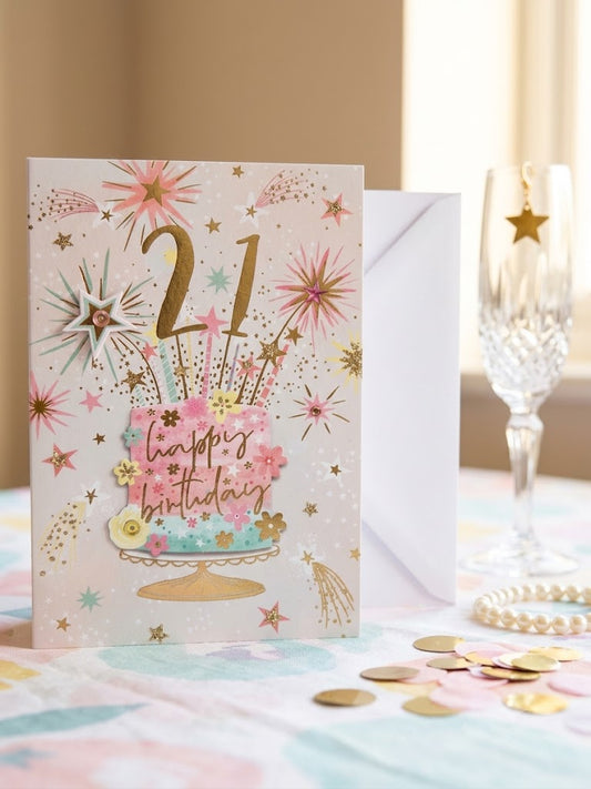 21st Birthday Card with gold foil embellished cake and fireworks design