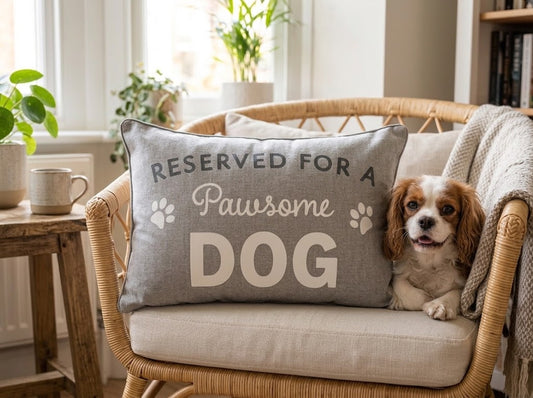 Grey Reserved for a Pawsome Dog cushion on a wicker chair beside a dog