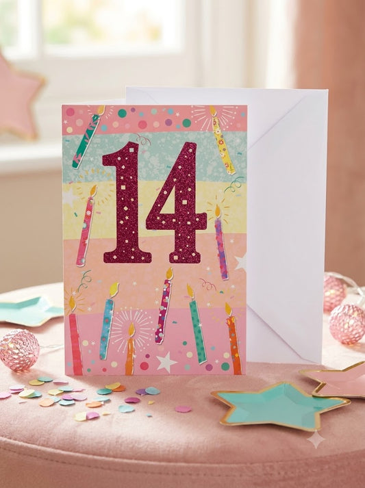 14th birthday card with glitter crimson numerals and colourful candles on pastel striped background with white envelope