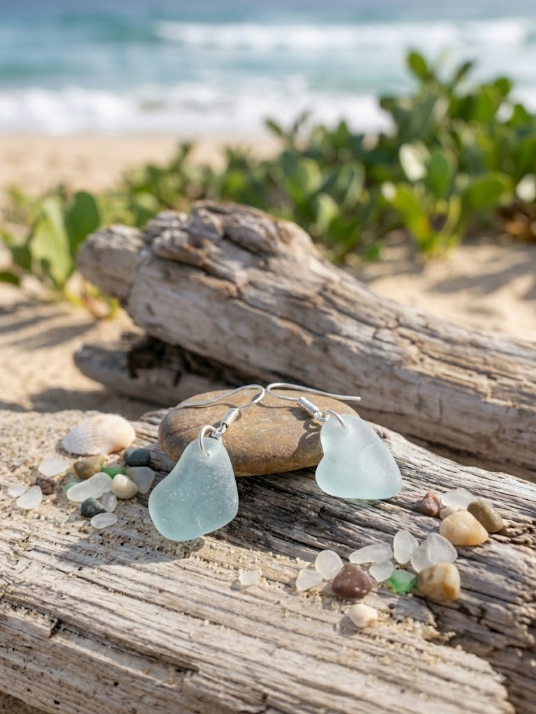 Pale aqua sea glass drop hook earrings on driftwood with scattered pebbles and sea glass on a sandy beach by Laura Loos