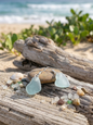 Pale aqua sea glass drop hook earrings on driftwood with scattered pebbles and sea glass on a sandy beach by Laura Loos