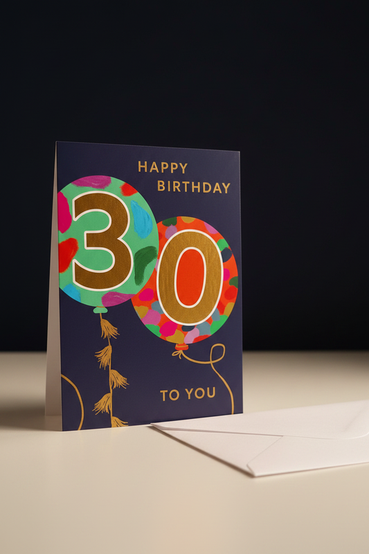 Happy 30th Birthday card lifestyle shot – upright with white envelope, warm natural light