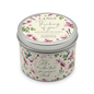 Langs Thinking of You Grapefruit & Elderflower candle tin with pink floral decoration and a closed silver-rimmed lid on a white background.
