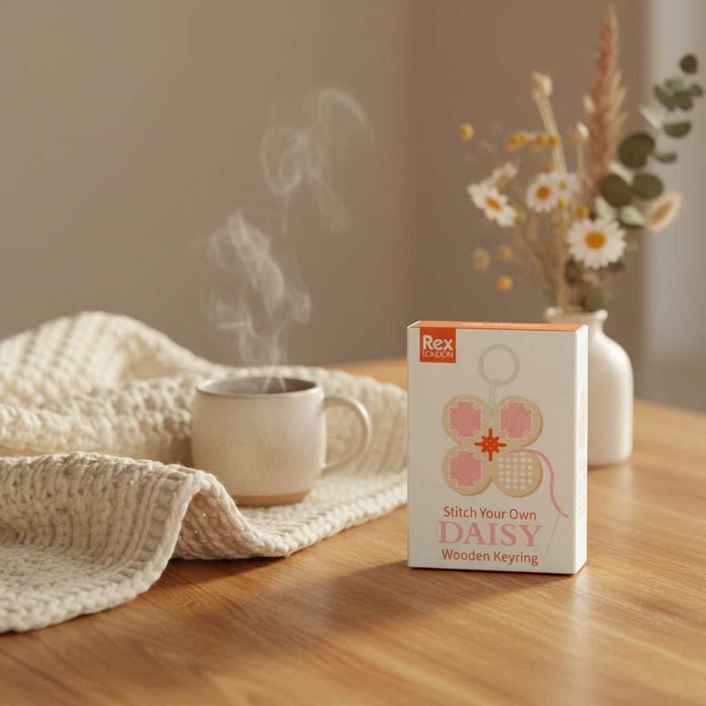 Stitch Your Own Daisy Wooden Keyring - Rex London packaging