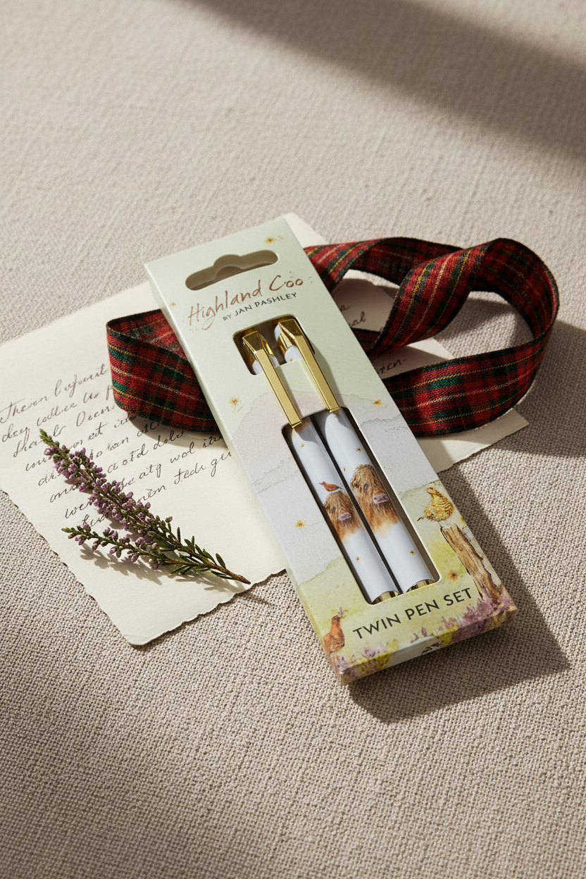 Highland Coo twin pen set by Jan Pashley styled with a handwritten letter and sprig of heather on a linen surface