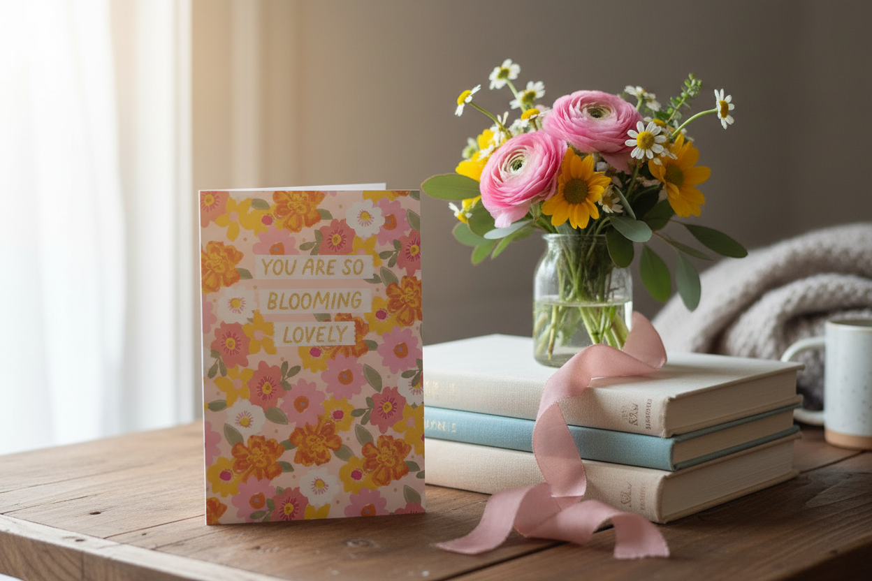 You Are So Blooming Lovely card styled in a cosy lifestyle setting
