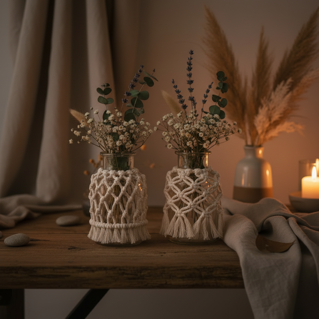 Set of 2 glass vases with cream macrame rope wrap and tassel fringe, two different knot patterns