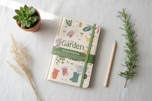 In the Garden recycled notebook flat lay on linen surface with terracotta pot, dried seed heads, pencil and fresh herbs