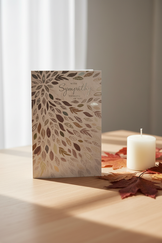 With Sympathy leaves card lifestyle image on wooden desk