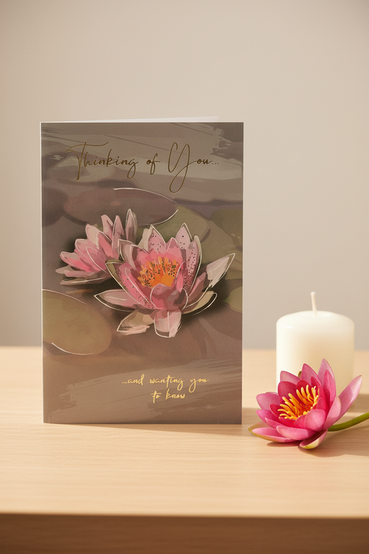 Thinking of You water lily card lifestyle image on wooden desk