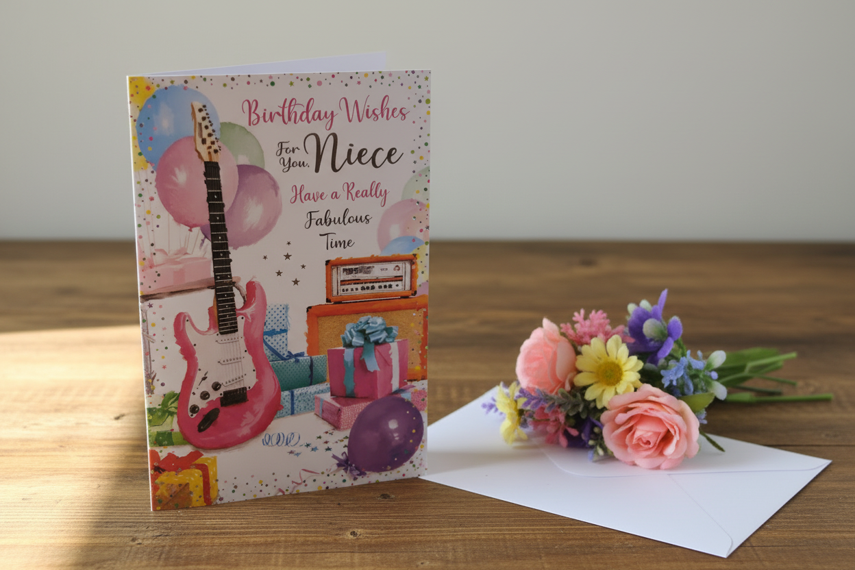 Birthday Wishes Niece guitar card standing open spine-left in a cosy lifestyle setting