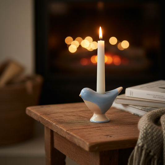 Blue ceramic bird candle holder with lit taper candle in a cosy home setting