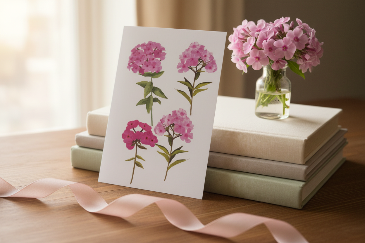 Pink phlox botanical card styled in a cosy lifestyle setting