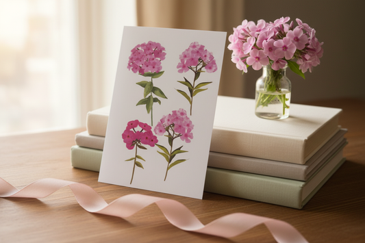 Pink phlox botanical card styled in a cosy lifestyle setting