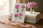 Pink phlox botanical card styled in a cosy lifestyle setting