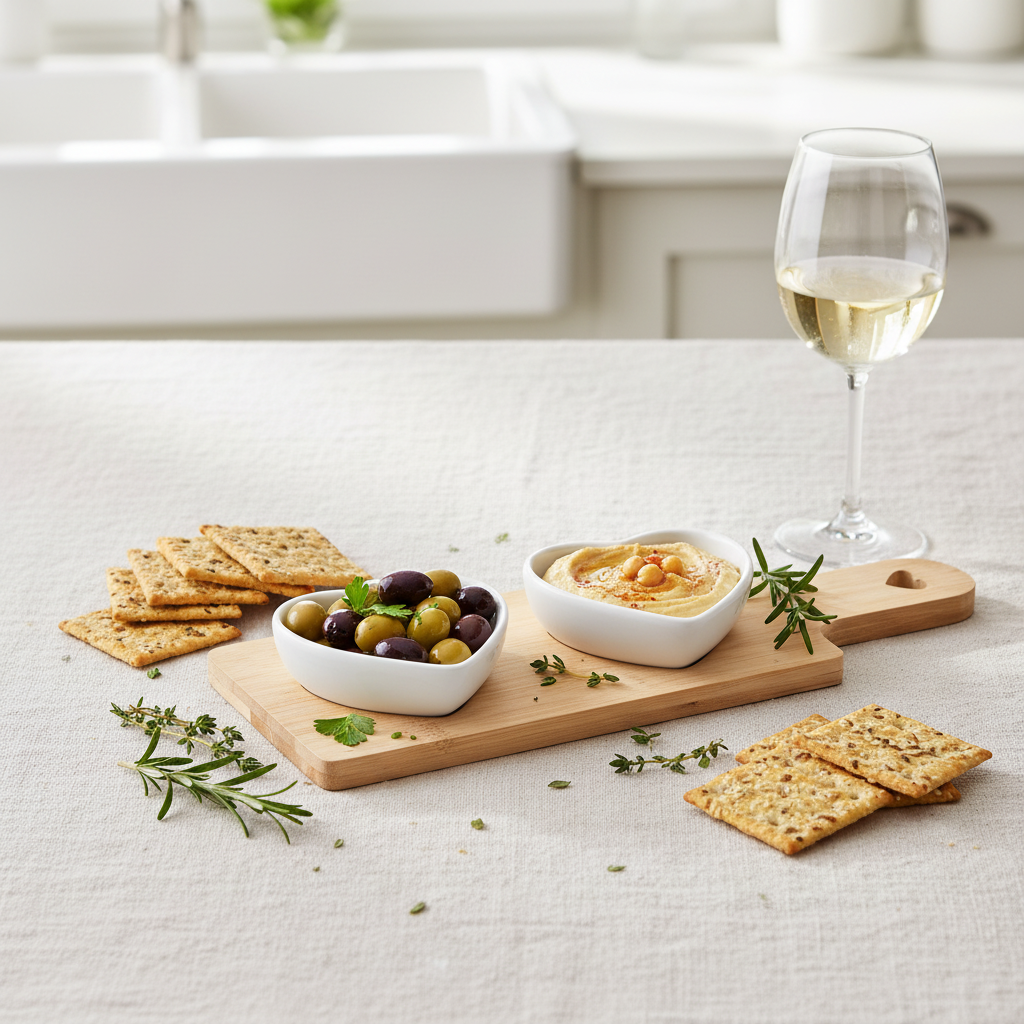 Heart ceramic bowls on a wooden serving board styled with olives and crackers on a linen-covered table