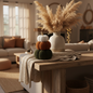 Three stacked bouclé pumpkins in forest green, burnt orange, and white displayed on a shelf in a cosy autumn living room