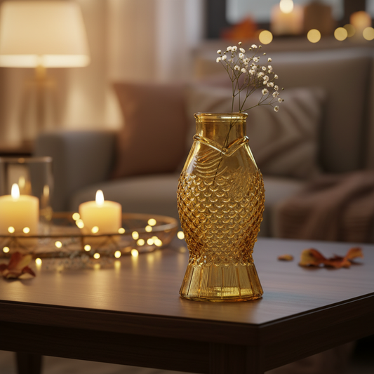 Amber glass fish-shaped vase in a cosy home setting