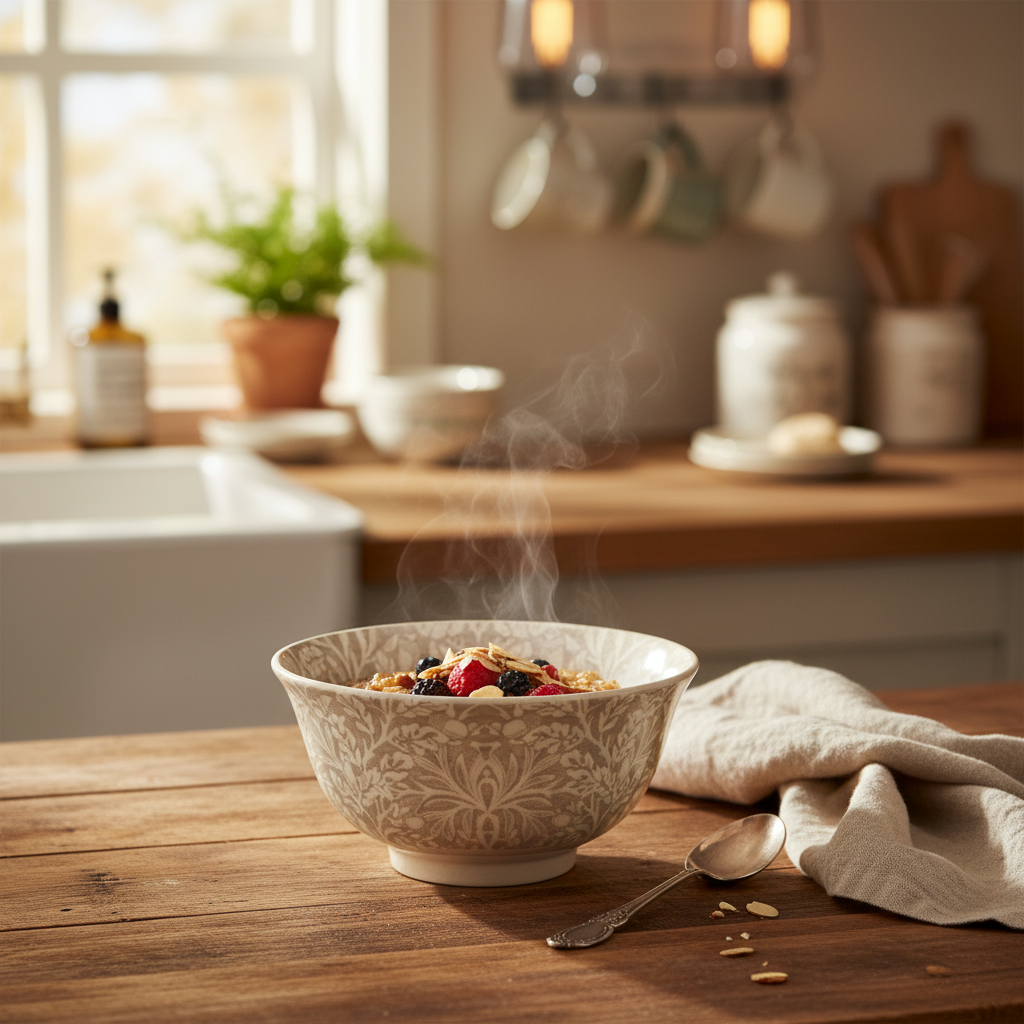 William Morris cream botanical print ceramic bowl styled in a cosy kitchen setting