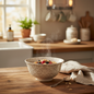 William Morris cream botanical print ceramic bowl styled in a cosy kitchen setting