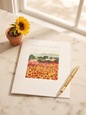 My Darling Sister card with watercolour sunflower field illustration on white background