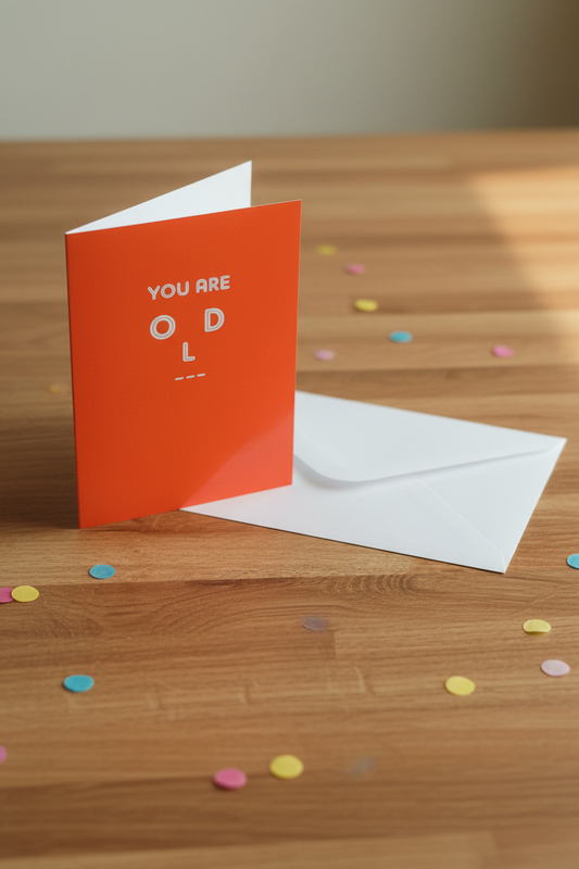 You Are Old funny birthday card upright with white envelope, warm natural light background